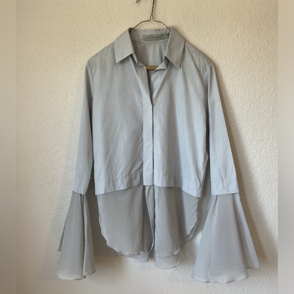 Silvia Tcherassi Grey Blue Silk Blend Button Down Bell Sleeve Top Size 0 - Picture 4 of 11
